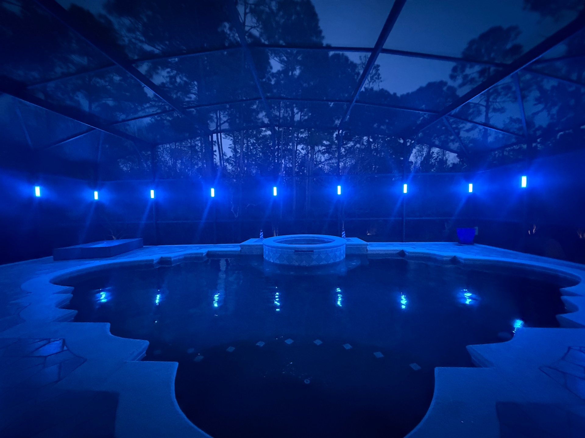Pool enclosure glowing blue with permanent accent lighting