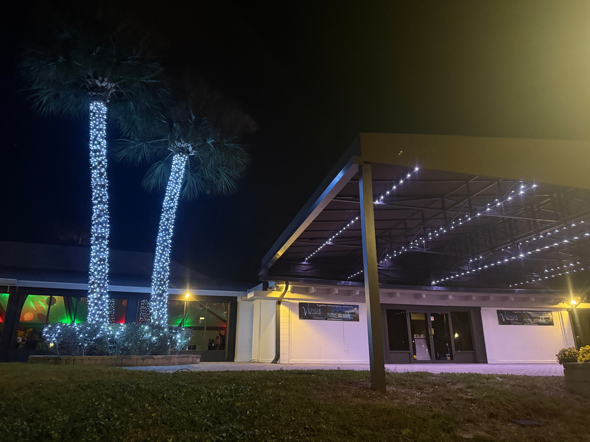 Event venue with wrapped palm trees and permanent-style overhead holiday lighting